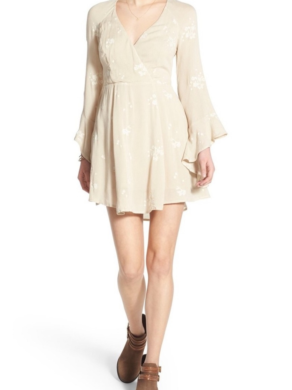 Free People Jazmine embroidered cream bell sleeve dress
